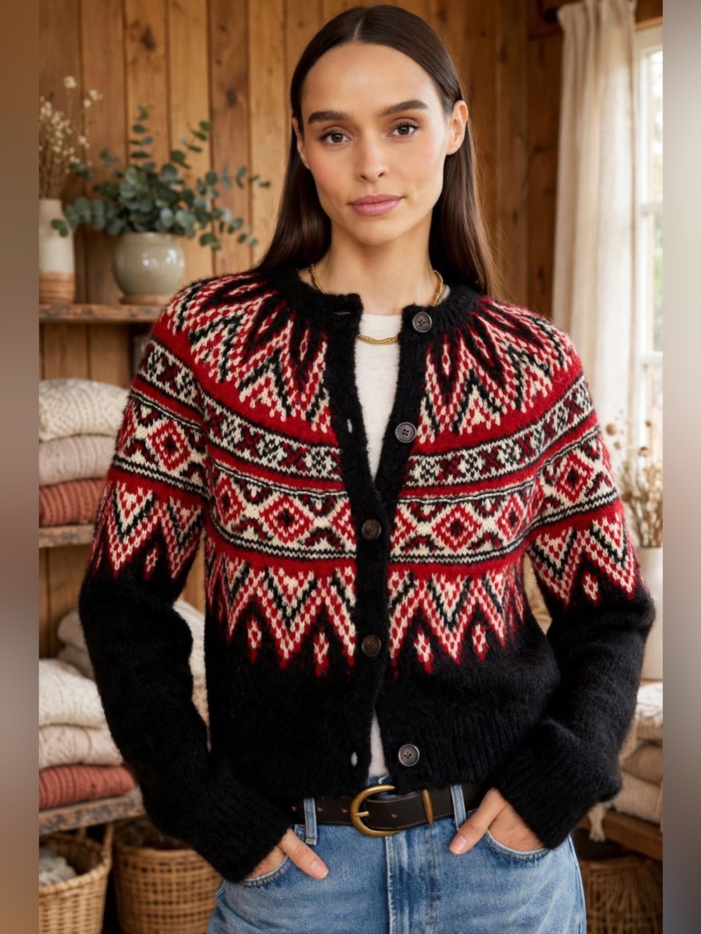Polo Ralph Lauren Long Sleeve Cardigan
Black and Red Nordic Knit size Small.